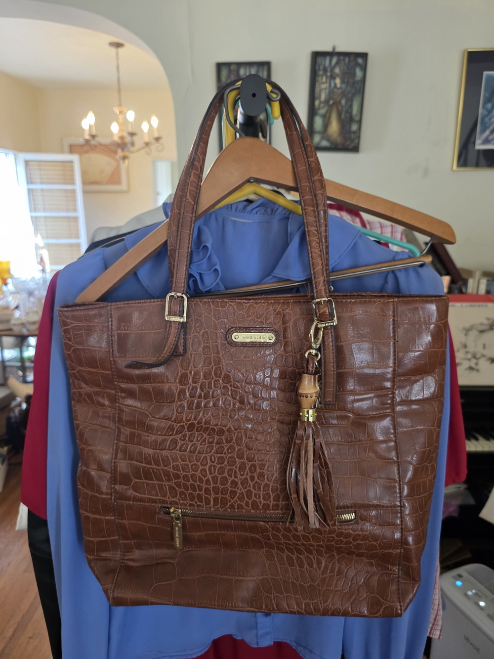 Anne Klein Textured Brown Tote with Tassel Accent